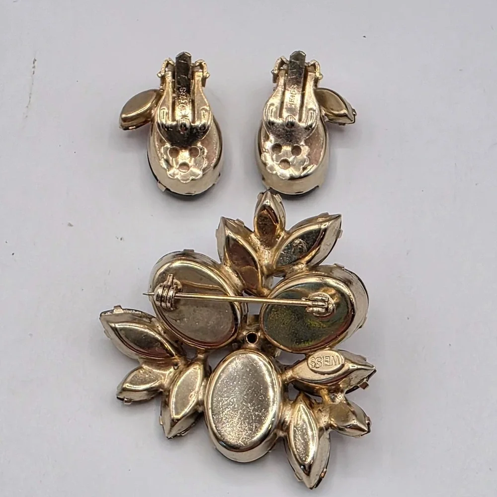 WEISS Brooch Earrings Set Amber Rhinestone Clip‎ Earrings Vintage Stunning Retro